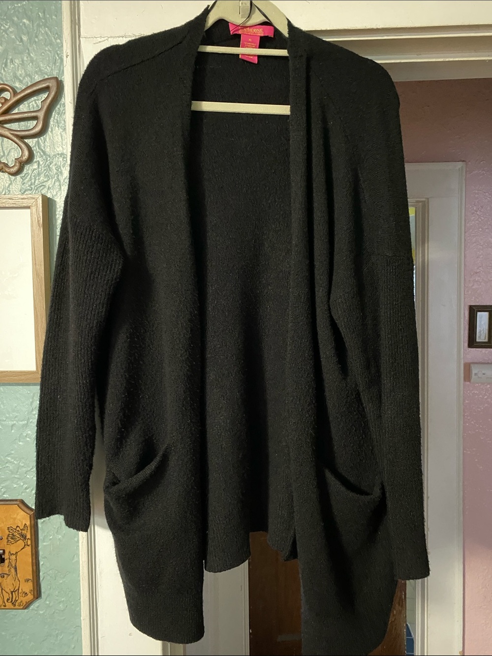 Relaxed Open-Front Black Cardigan with Pockets